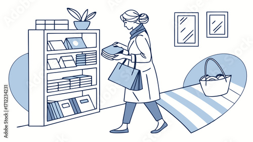 Woman Selecting Books from a Shelf in a Store Shopping Retail Bookstore Illustration.