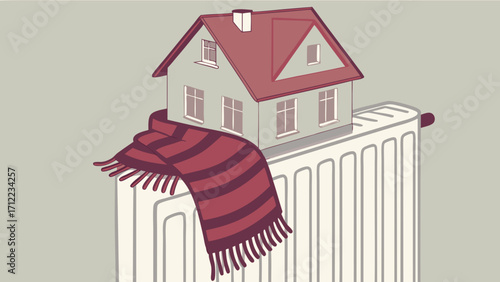 Cozy Home on Radiator Winter Heating Concept Illustration.