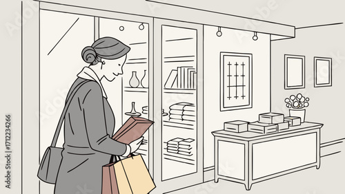 Woman shopping in a boutique store with shopping bags and gifts.