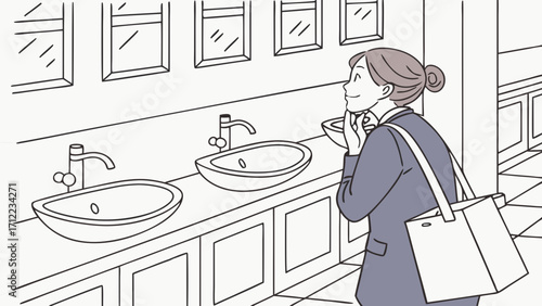 Woman washing hands in public restroom sinks hygiene clean minimalist line art illustration.
