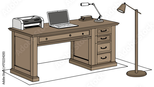 Wooden Desk with Laptop Printer and Lamps Home Office Setup Work Space Illustration.