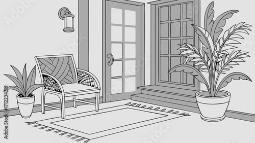 Cozy indoor seating area with plants and doors.