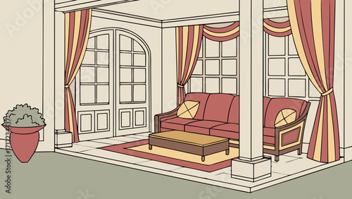 Cozy Patio Illustration Relaxing Outdoor Living Room Scene with Sofa Curtains and Coffee Table.