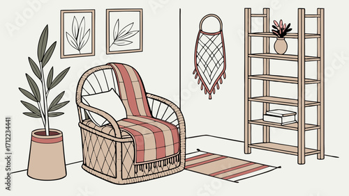 Cozy living room interior with wicker armchair bookshelf and plants.