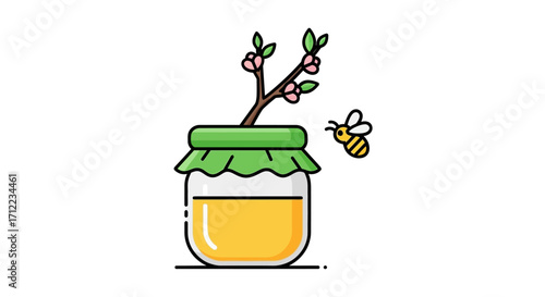 Honey jar with bee and blossoming branch.