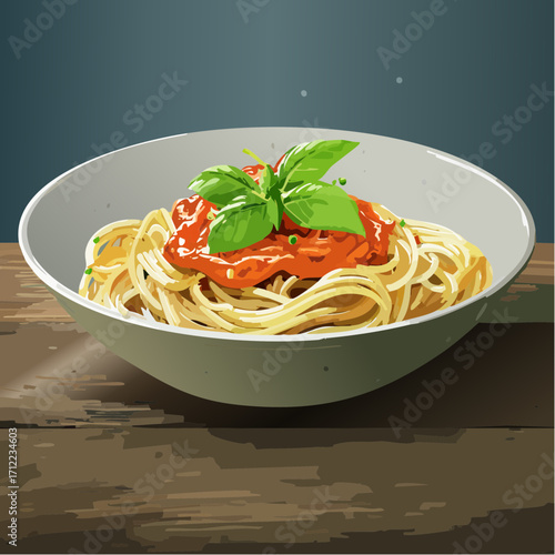 Delicious Spaghetti Pasta with Tomato Sauce and Fresh Basil in a Bowl on a Wooden Table