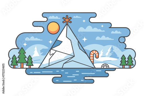 Whimsical winter landscape with iceberg and candy cane
