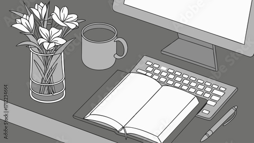 Desk workspace with computer flowers book and coffee mug illustration minimalist flatlay design office supplies home office setup simple drawing grayscale top view.