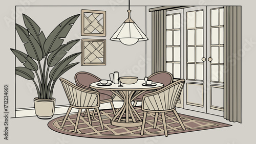 Dining Room Interior Design Modern Table Setting Elegant Home Decor Cozy Room Illustration Houseplants Neutral Color Palette Mid-Century Modern Style.