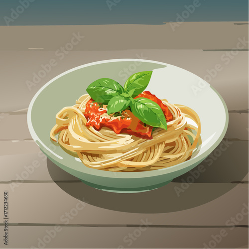 A delicious bowl of spaghetti with tomato sauce and fresh basil, presented on a wooden surface, perfect for culinary inspiration