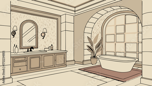 Elegant Bathroom Interior Design Freestanding Tub Arched Window Vanity Beige and Brown Tones Modern Classic Style Home Decor Illustration.