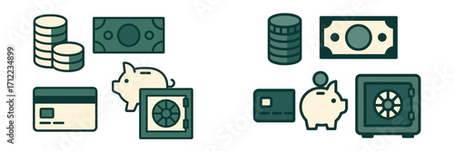 Comprehensive collection of financial icons featuring money, credit card, piggy bank, and safe for banking, savings, and security concepts