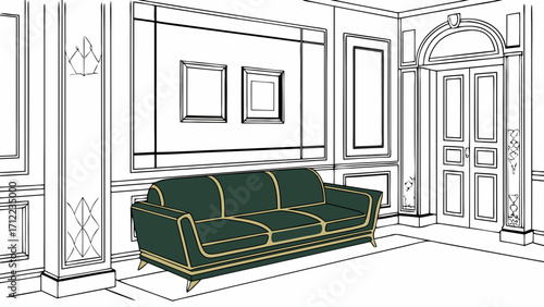 Elegant Green Sofa in Classic Interior Design Sketch.