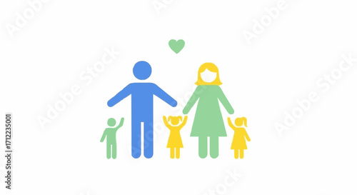 A stylized illustration of a happy family with parents and three children, symbolizing love and togetherness.