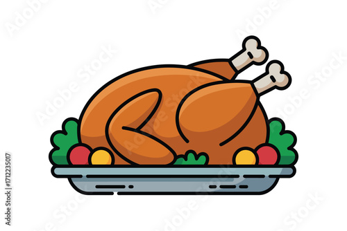 Delicious roasted turkey on a platter with vegetables and garnishes