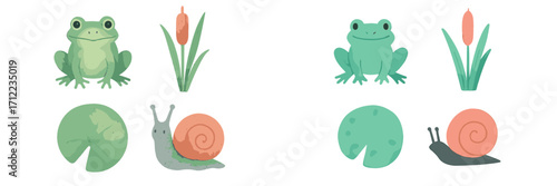 Pond animals and plants set featuring frogs, snails, lily pads, and cattails in a natural habitat