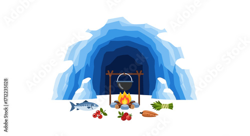 Ice Cave Campsite with Food and Fish.