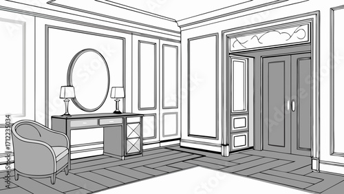 Elegant Interior Design Sketch Modern Hallway with Classic Details Console Table Armchair Oval Mirror Double Doors.