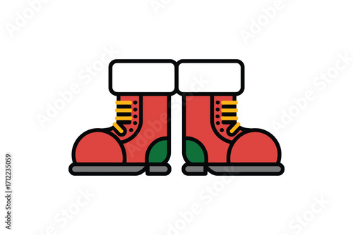 Pair of red cartoon winter boots with white fur trim and yellow laces