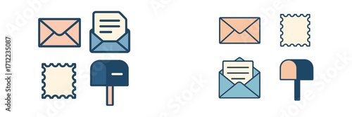 Essential mail and postal service icons set featuring envelopes, postage stamps, and classic mailboxes