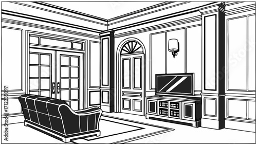 Elegant Living Room Interior Design Classic Style Home Decor Black and White Drawing Architectural Sketch Furniture Illustration.