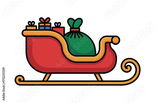Red santa claus sleigh filled with gifts and a large green bag