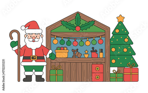Santa claus standing next to a festive christmas market stall and decorated tree