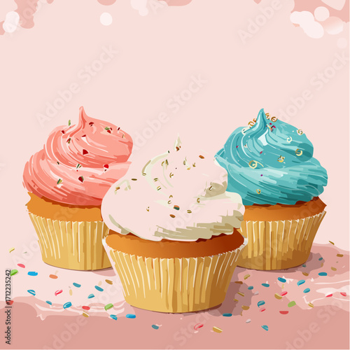 Vibrant illustration featuring a trio of beautifully decorated cupcakes, each with a unique frosting color and festive sprinkles, set on a cheerful background