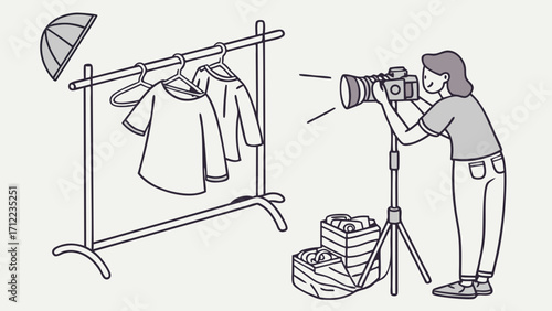 Fashion Photography Studio Setup Clothing Shoot Apparel Product Photography Illustration Designer Line Art Simple Style.