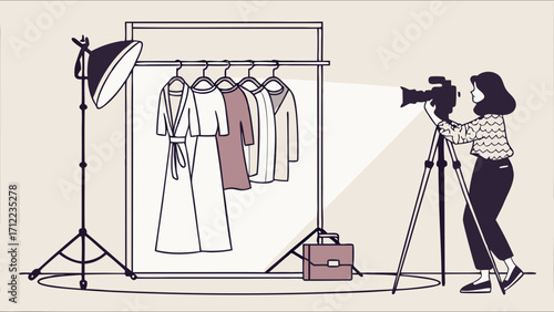Fashion Photography Studio Setup Clothing Apparel Product Shoot Camera Photographer Lighting Style Design Illustration Minimalist Graphic Flat Lay Online Shop E-commerce Branding.