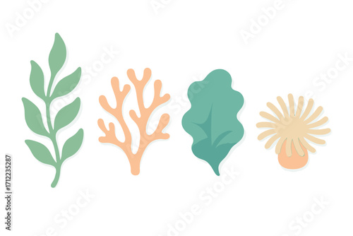 Stylized underwater plants and marine life with green leafy branch, orange coral, teal wavy leaf, beige sea anemone