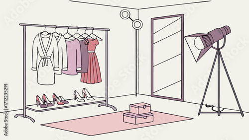 Fashion Studio Interior Design Clothing Rack with Dresses and Shoes Full Length Mirror Lighting Equipment Minimalist Illustration.