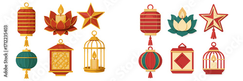 Traditional Asian festive decorations set with lanterns, lotus candle, star ornaments, and decorative candle holders