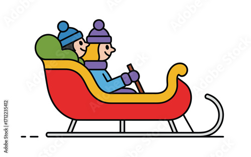 Two children in winter hats and scarves riding a red sleigh