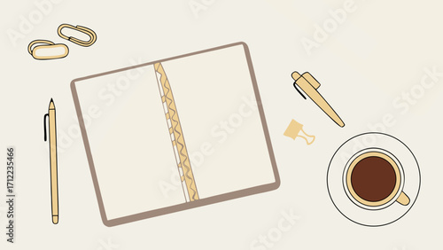 Flat lay of open notebook pens coffee and paper clips on a neutral background.