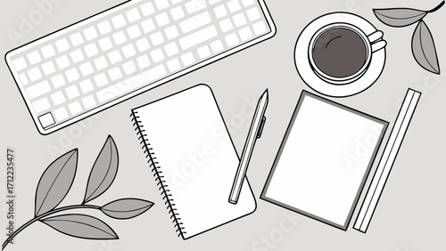 Flat lay of workspace with keyboard notebook pen coffee cup and leaves illustration.
