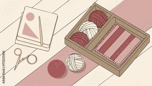 Flat lay of yarn knitting needles and fabric on a wooden surface.