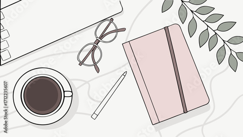 Flatlay illustration of a workspace with notebook coffee and glasses.