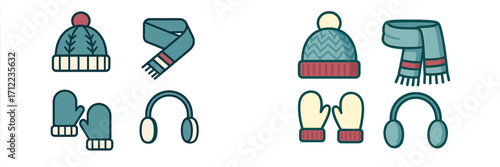 Collection of cozy winter accessories including knitted hats, warm scarves, soft mittens, and comfortable earmuffs