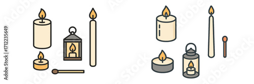 Assortment of burning candles including pillar, taper, and tea light, alongside decorative lanterns and a matchstick