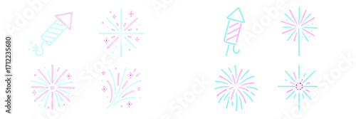 Neon line art fireworks and firecrackers for celebration and festive events, glowing light effect pyrotechnic symbols