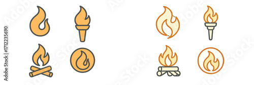 Dynamic fire and flame elements showcasing abstract shapes, burning torches, and traditional campfires