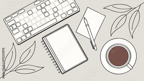Flatlay of workspace with keyboard notebook pen coffee and leaves illustration.
