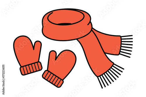 Warm orange scarf and mittens for cold weather protection