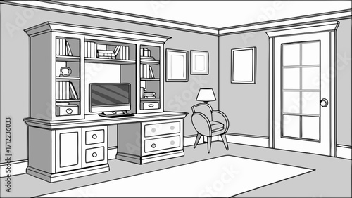 Home office interior design desk chair bookcase computer lamp rug grey walls interior sketch home workspace study room modern furniture room design home decor minimalist design sim.