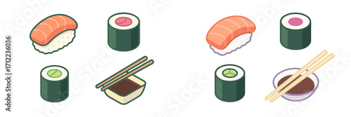 Assortment of fresh Japanese sushi nigiri and maki rolls with soy sauce and chopsticks, traditional Asian cuisine