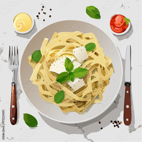 Delicious Italian pasta dish with fresh basil and cheese served with sauces, a flat lay vector illustration on a marble background