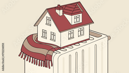 Illustration of a house model resting on a radiator with a scarf symbolizing home heating and energy efficiency.