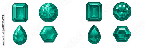 Collection of sparkling emerald green faceted gemstones in different shapes like round, emerald, pear, and hexagon