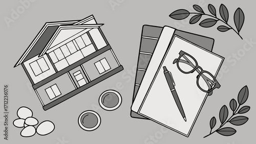 House Design Concept Architectural Plan Home Project Flatlay Illustration Modern Home Interior Design Sketch Drawing Notebook Pen Glasses Color Palette Sample Leaves Stones Decor.